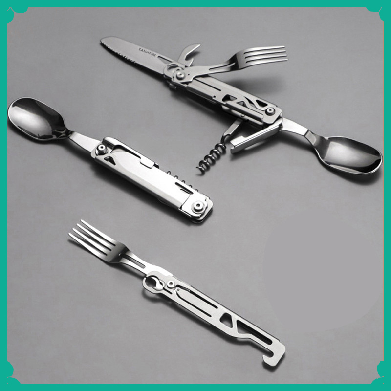 Quechua Camping Cooking Set - ชุดช้อนส้อมแคมป์ปิ้งอเนกประสงค์แบบพกพา มีดส้อมช้อนพับได้พร้อมที่เปิดขวด อุปกรณ์ทำอาหารกลางแจ้งขนาดกะทัดรัด