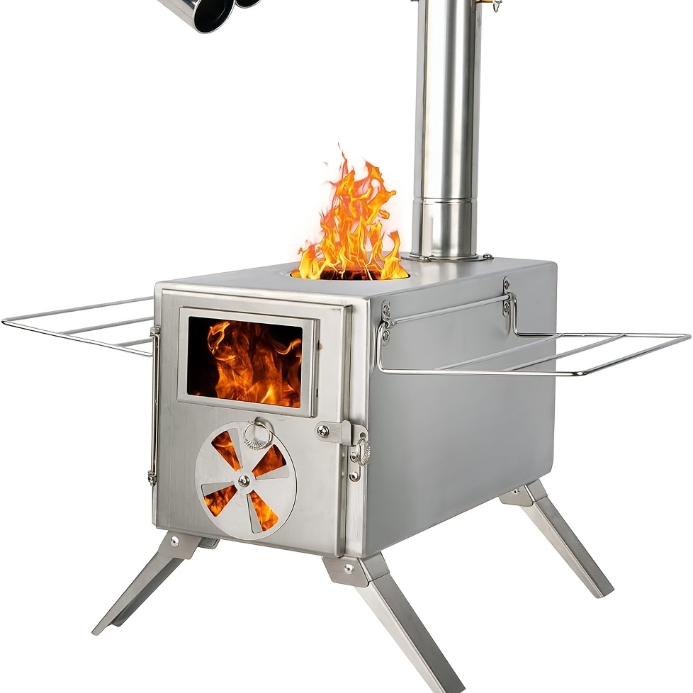 Camping Cooking Tent - เตาไม้สำหรับตั้งแคมป์ เตาไม้สแตนเลสสำหรับเต็นท์แคมป์ปิ้ง เตาไม้แบบพกพา พร้อมท่อปล่อยควันและถุงมือ เตาสำหรับเต็นท์แบบให้ความร้อน เตาแคมป์ปิ้งที่เหมาะสำหรับการทำอาหารและให้ความร้อนกลางแจ้ง
