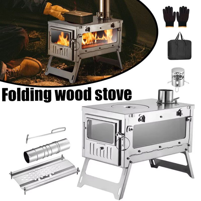 Camping Cooking Tent - 430 สแตนเลสแบบพกพาเต็นท์เตาพับได้ด้านข้างแก้ว Chimney Burner Camping เตาไม้เครื่องทําความร้อนทําอาหารย่าง