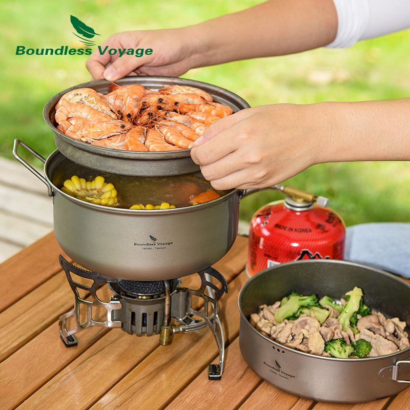 Camping Cooking Pots And Pans Set - Boundless Voyage ไทเทเนียม Steamer Stockpot พร้อมชุดกระทะ