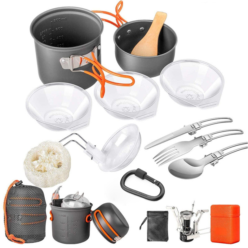 Camping Cooking Pots And Pans Set - ชุดเครื่องครัวสำหรับตั้งแคมป์, ชุดหม้อพร้อมเตาและชาม, ชุดกระทะพกพาสำหรับตั้งแคมป์สำหรับ 1-2 คน