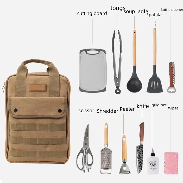 Camping Cooking Utensil Bag - ชุดอุปกรณ์ทำอาหารสำหรับตั้งแคมป์ 12 ชิ้น ชุดอุปกรณ์ทำอาหารแบบพกพา กระเป๋าจัดเก็บภาชนะสำหรับปิกนิกกลางแจ้ง