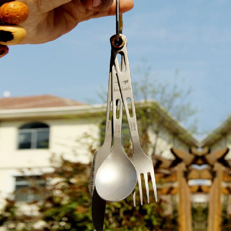Camping Cooking System - Keith ชุดเครื่องครัว3ชิ้นมีดส้อมช้อนตะหลิวพับได้เครื่องใช้บนโต๊ะอาหารสำหรับปิคนิคตั้งค่ายน้ำหนักเบาของขวัญคริสต์มาส Ti5310 53กรัมพร้อมกระเป๋า