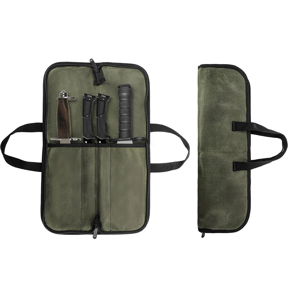 Camping Cooking Utensil Bag - กระเป๋าใส่มีดผ้าแคนวาสเคลือบแว็กซ์ หลายช่อง ใส่ได้หลายมีด พกพาสะดวก สำหรับเชฟ กระเป๋าเก็บมีดแบบยุทธวิธี