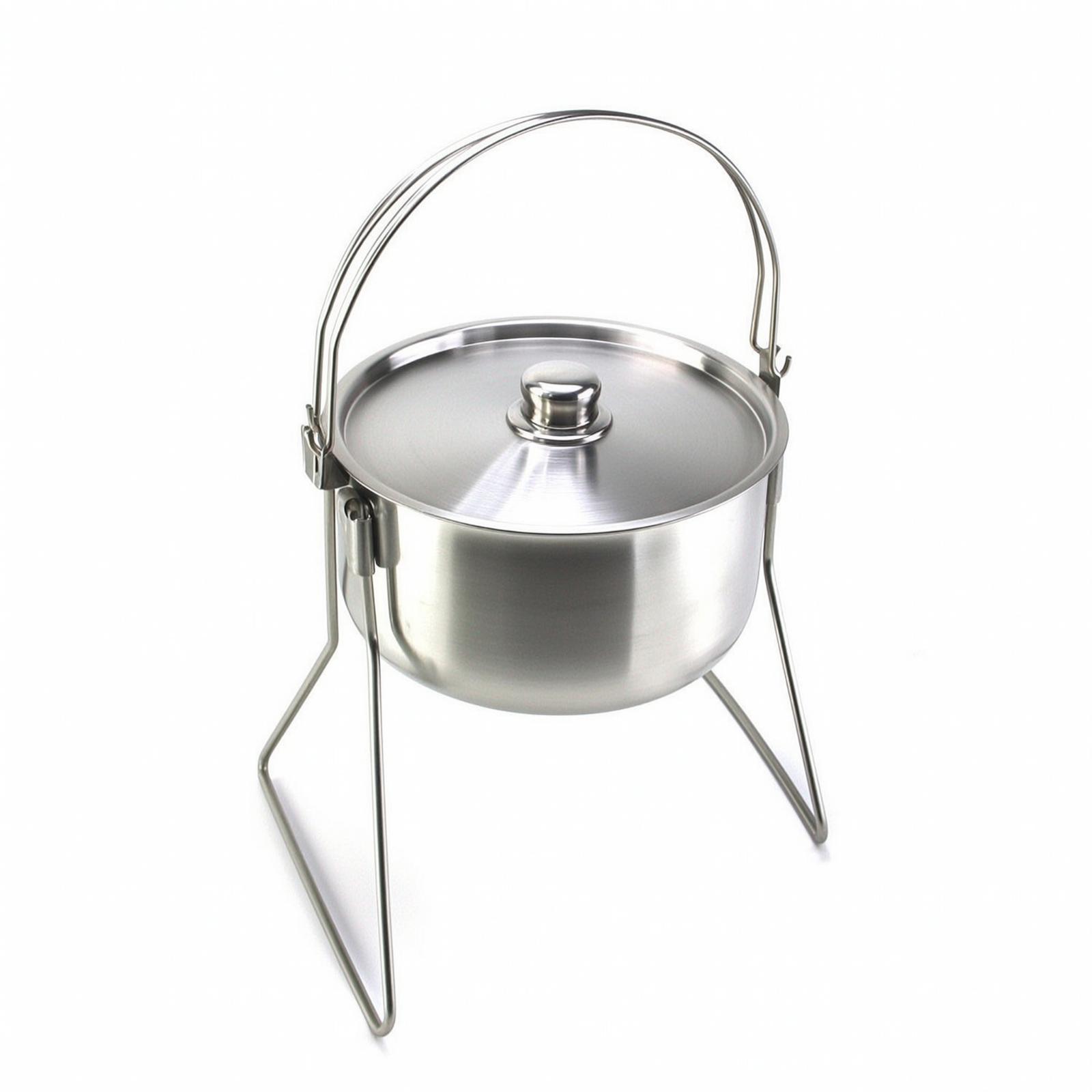 Camping Cooking Tripod - หม้อพร้อมขาตั้งสามขา หม้อแคมป์ปิ้งสแตนเลสพร้อมฝาปิด สำหรับนักเดินทางไกล นักเอาตัวรอด การทำอาหารบนกองไฟ และกิจกรรมบุชคราฟต์