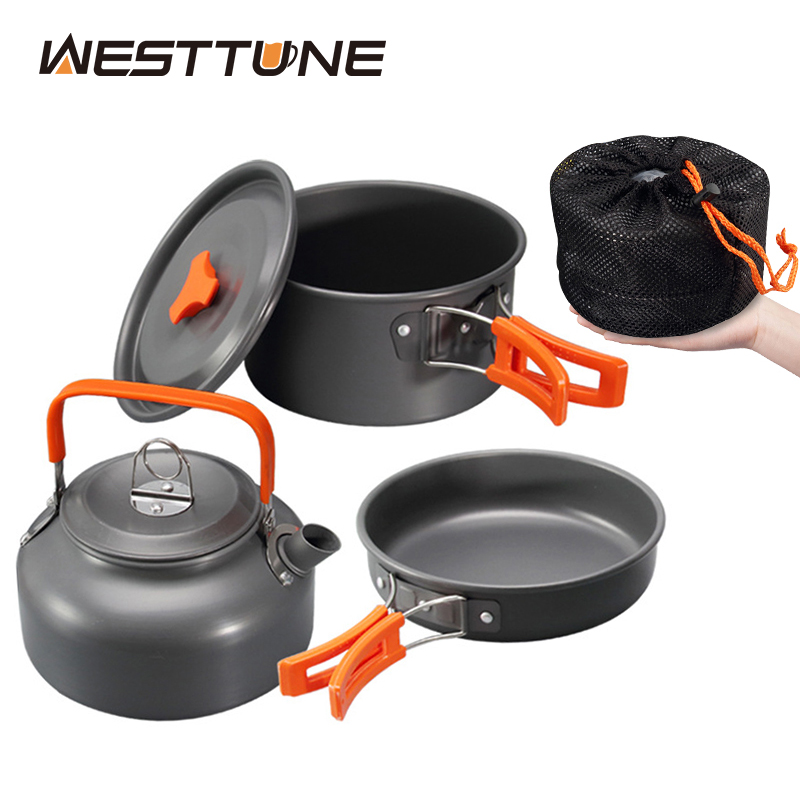 Camping Cooking Pots And Pans Set - WESTTUNE ชุดเครื่องครัวตั้งแคมป์อลูมิเนียมกลางแจ้งแบบพกพาชุดทําอาหารหม้อกาต้มน้ําสําหรับตั้งแคมป์บนโต๊ะอาหารเดินป่าปิคนิค 3 ชิ้น