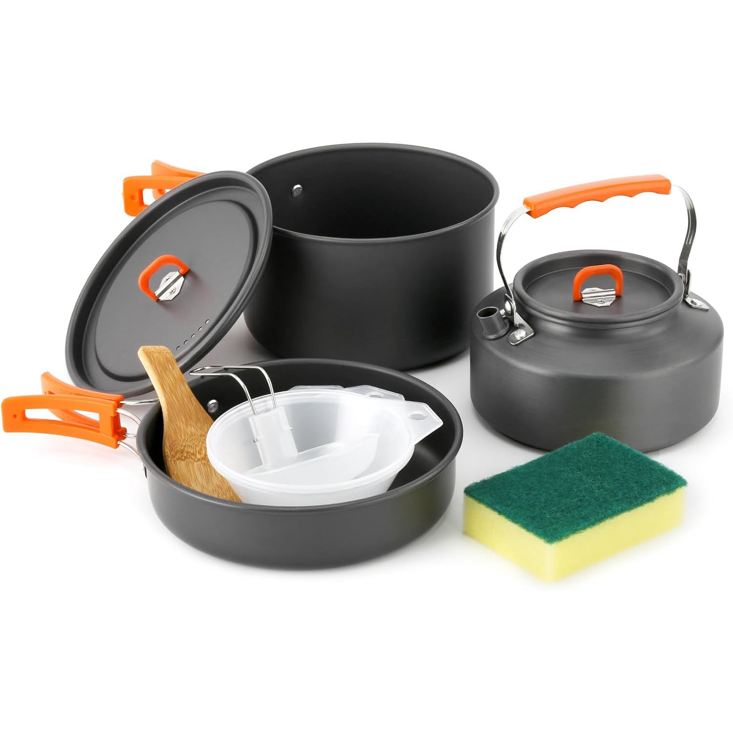 Camping Cooking Pots And Pans Set - ชุดเครื่องครัวสำหรับตั้งแคมป์ หม้อและกระทะพร้อมกาต้มน้ำ ชามพลาสติก และช้อนซุป สำหรับการตั้งแคมป์ เดินป่า