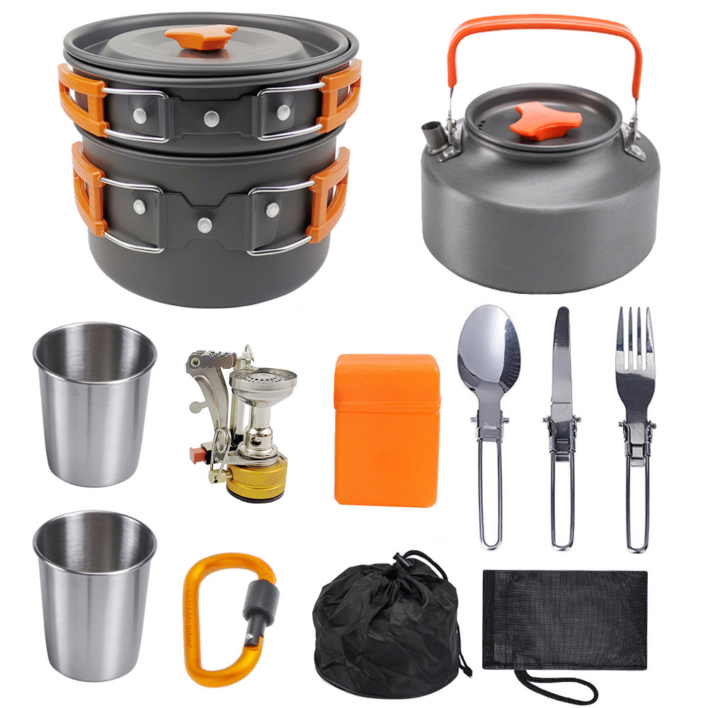 Camping Cooking Vegetables - ชุดทำอาหารแคมป์ปิ้งกลางแจ้ง ต้มน้ำและผัดผักกลางแจ้ง ชุดอลูมิเนียมอัลลอยด์แบบพกพา [พร้อมตัวจุดไฟ]