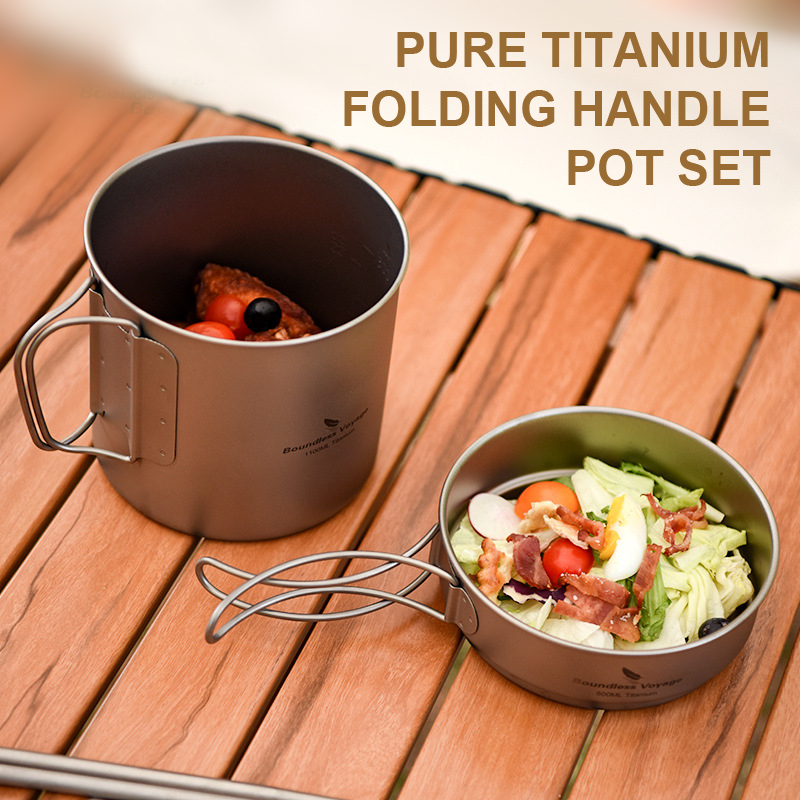Camping Cooking Pots And Pans Set - ชุดหม้อด้ามจับพับได้ไทเทเนียมบริสุทธิ์, แบบพกพาน้ำหนักเบาเป็นพิเศษ, แคมป์ปิ้งกลางแจ้ง, ปิกนิก, ท่องเที่ยว, กระทะ,