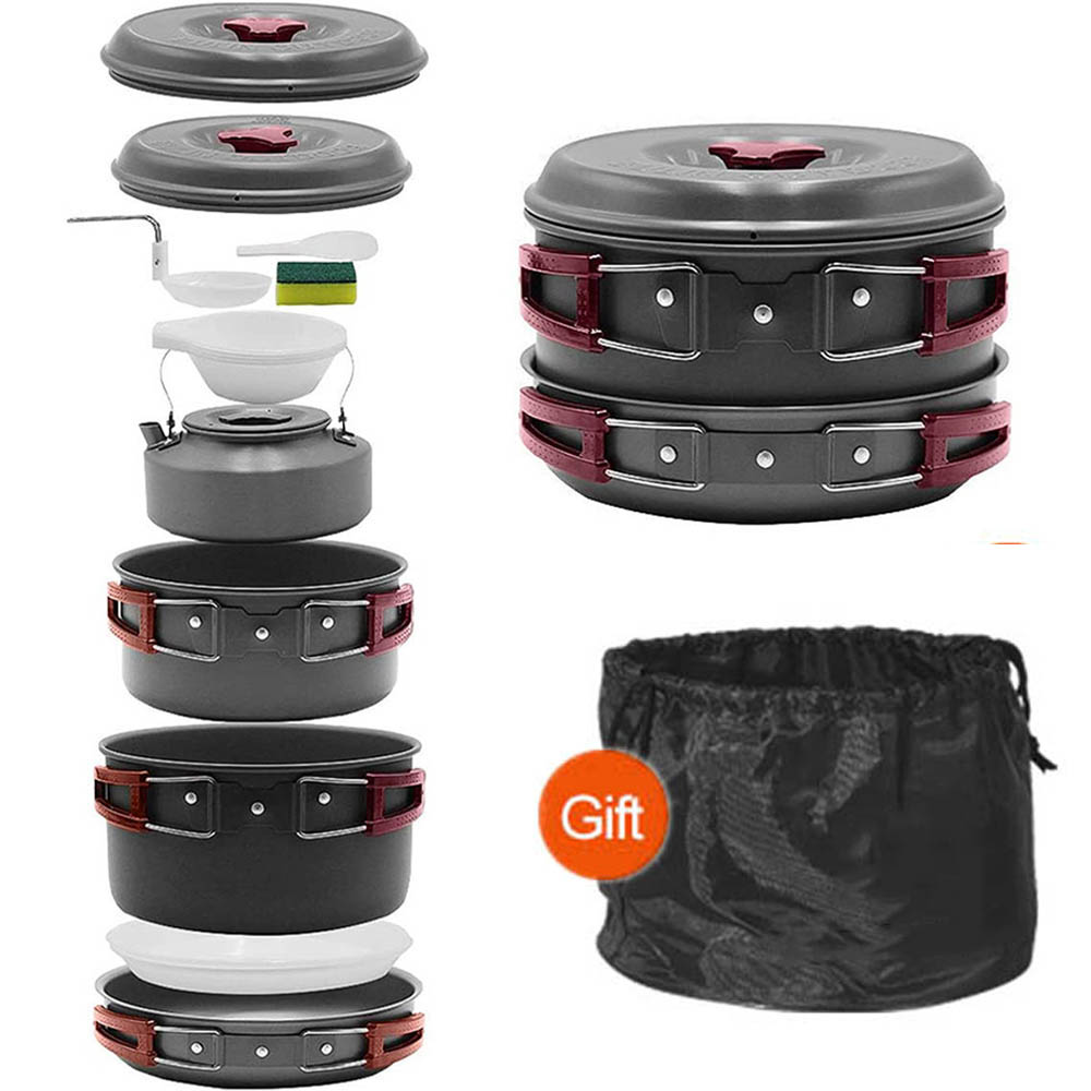 Camping Cooking Pots And Pans Set - ชุดหม้อปิกนิกสำหรับทำอาหารกลางแจ้ง3-4คนหม้อต้มน้ำอลูมินาแบบพกพากระทะชา panci camping เนื้อบาร์บีคิว