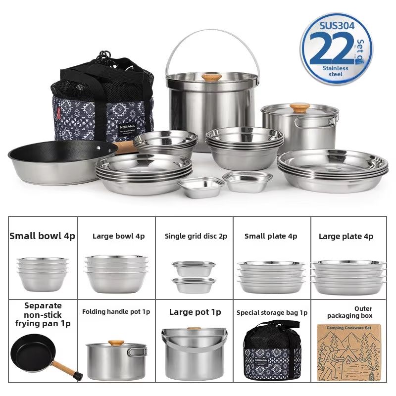 Camping Cooking Kits - NOBANA ใหม่ล่าสุดกลางแจ้งชุดหม้อสแตนเลส Camping ครอบครัวชุดหม้อ 5L แบบพกพาปิคนิคซุปหม้อทอดนึ่งหม้อในครัวเรือน