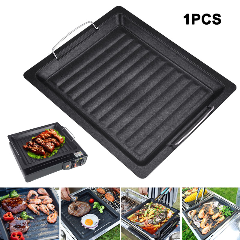 Camping Cooking Frying Pan - กระทะย่างทรงสี่เหลี่ยมหนาสำหรับใช้งานกลางแจ้ง พร้อมหูจับสองข้าง กระทะย่างเคลือบกันติดแบบพกพา ถาดอบสำหรับทำบาร์บีคิว แคมป์ปิ้ง และทำอาหาร