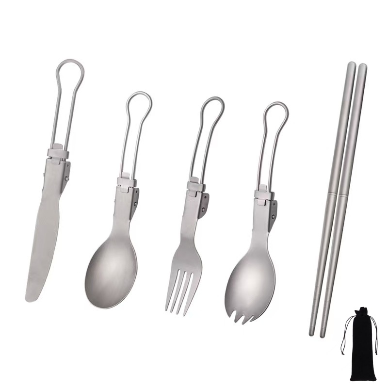 Camping Cooking Set Lightweight - ชุดอุปกรณ์รับประทานอาหารพับได้ทำจากไทเทเนียม พร้อมส้อม ช้อน มีด ตะเกียบ แบบพกพา