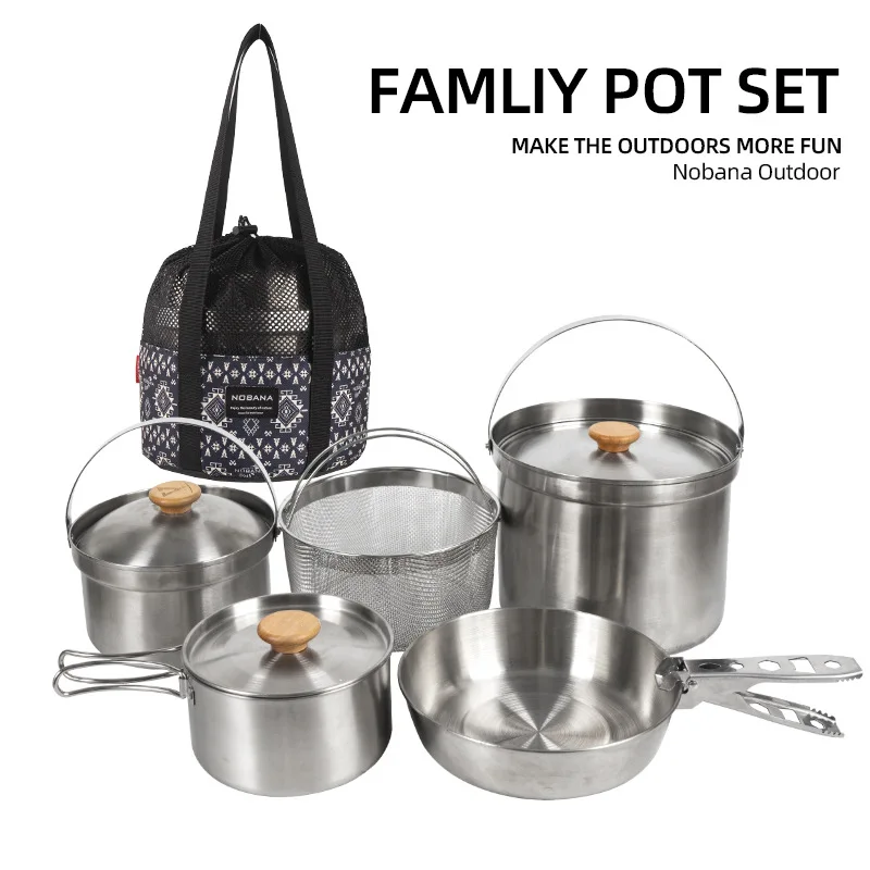 Camping Cooking Pot Stainless Steel - 2026 ใหม่ ชุดหม้อสแตนเลสสำหรับกิจกรรมกลางแจ้ง ชุดหม้อสำหรับครอบครัว 5 ลิตร
