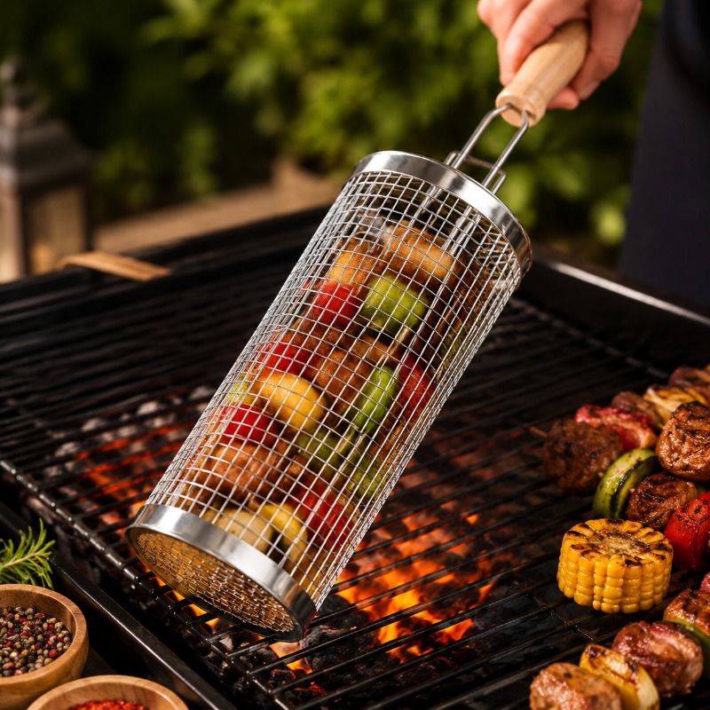 Camping Cooking Utensils Kit - ชุดตะกร้าย่างบาร์บีคิวทรงกลม สแตนเลส ตะแกรงเหล็กกลิ้งพร้อมท่อและด้ามจับ อุปกรณ์จำเป็นสำหรับการตั้งแคมป์กลางแจ้ง