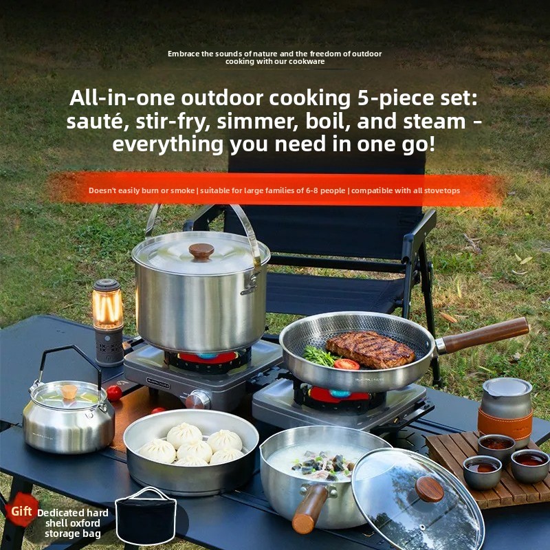 Camping Cooking Pots And Pans Set - ชุดเครื่องครัวแคมป์ปิ้งแบบพกพา เตาแก๊สแบบพกพาอเนกประสงค์ หม้อต้มน้ำ กระทะทอด ชุดอุปกรณ์ทำอาหารกลางแจ้ง