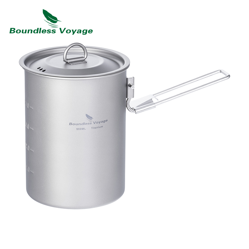 Camping Cooking Kits - Boundless Voyage 900ml หม้อไทเทเนียมถ้วย Camping เครื่องครัวชามน้ําหนักเบาพร้อมที่จับพับและฝาปิดกลางแจ้งแบบพกพาชุดทําอาหาร