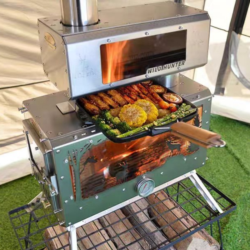 Camping Cooking - เตาไม้สำหรับตั้งแคมป์ แบบ 2 ด้าน พร้อมปล่องไฟและแท่นทำอาหาร