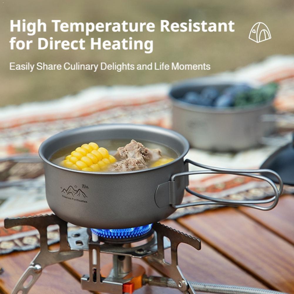 Camping Cooking Pot Stainless Steel - ชุดเครื่องครัวไทเทเนียมน้ำหนักเบาพิเศษสำหรับแบ็คแพ็ค หม้อพกพาสำหรับตั้งแคมป์พร้อมหูจับ สำหรับทำอาหารกลางแจ้งและเดินป่า