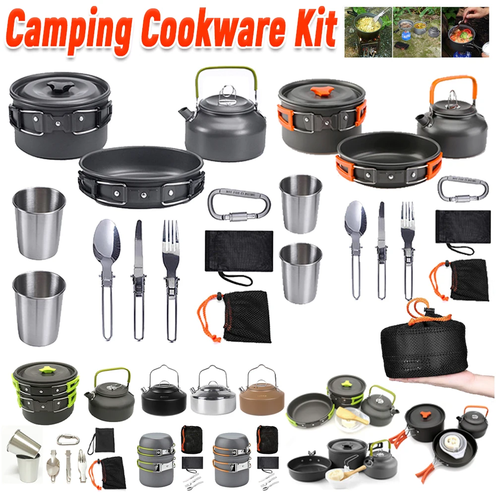 Camping Cooking Pots And Pans Set - ชุดเครื่องครัวสำหรับตั้งแคมป์ กาต้มน้ำ หม้อ กระทะ ชุดเครื่องครัวแบบพกพา น้ำหนักเบา
