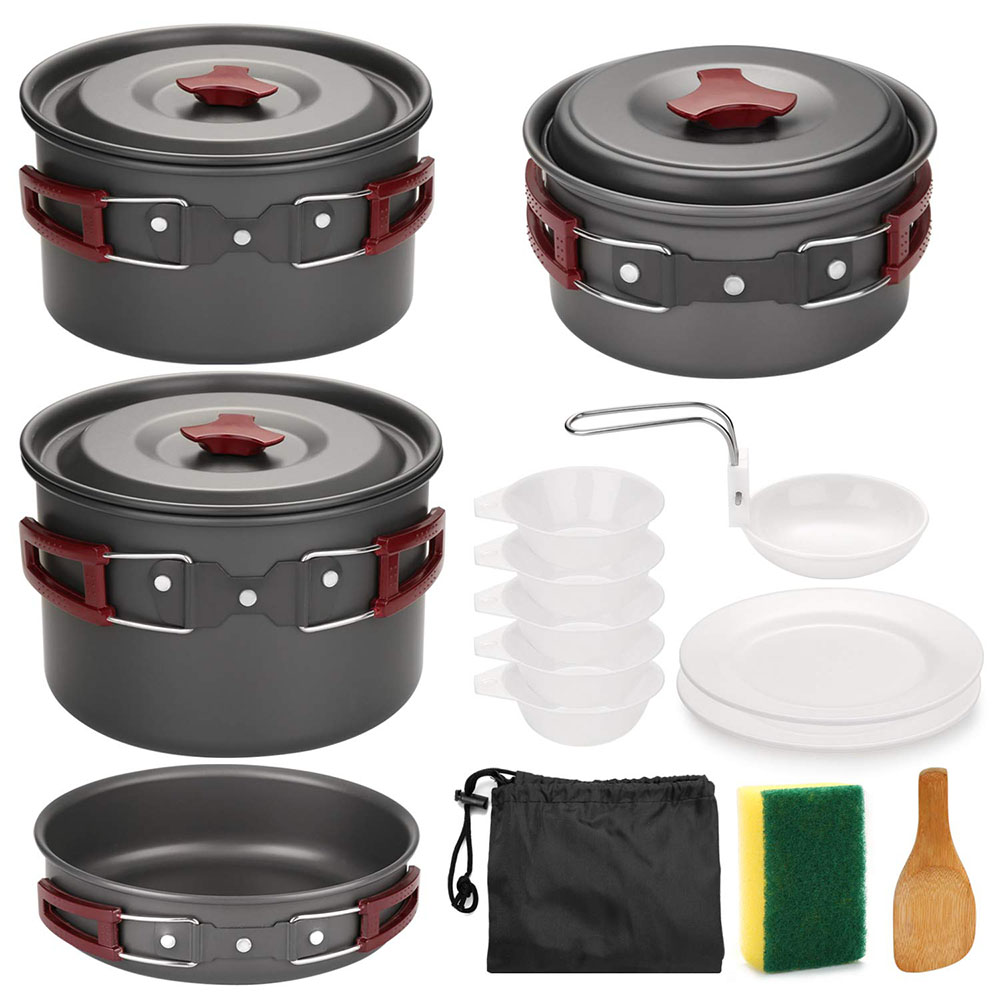 Camping Cooking Pots And Pans Set - ชุดเครื่องครัวตั้งแคมป์กลางแจ้ง Non Stick Camping Pan กระทะน้ําหนักเบาชุดทําอาหารกระทะและหม้อสําหรับเดินป่าเดินป่าปิคนิค