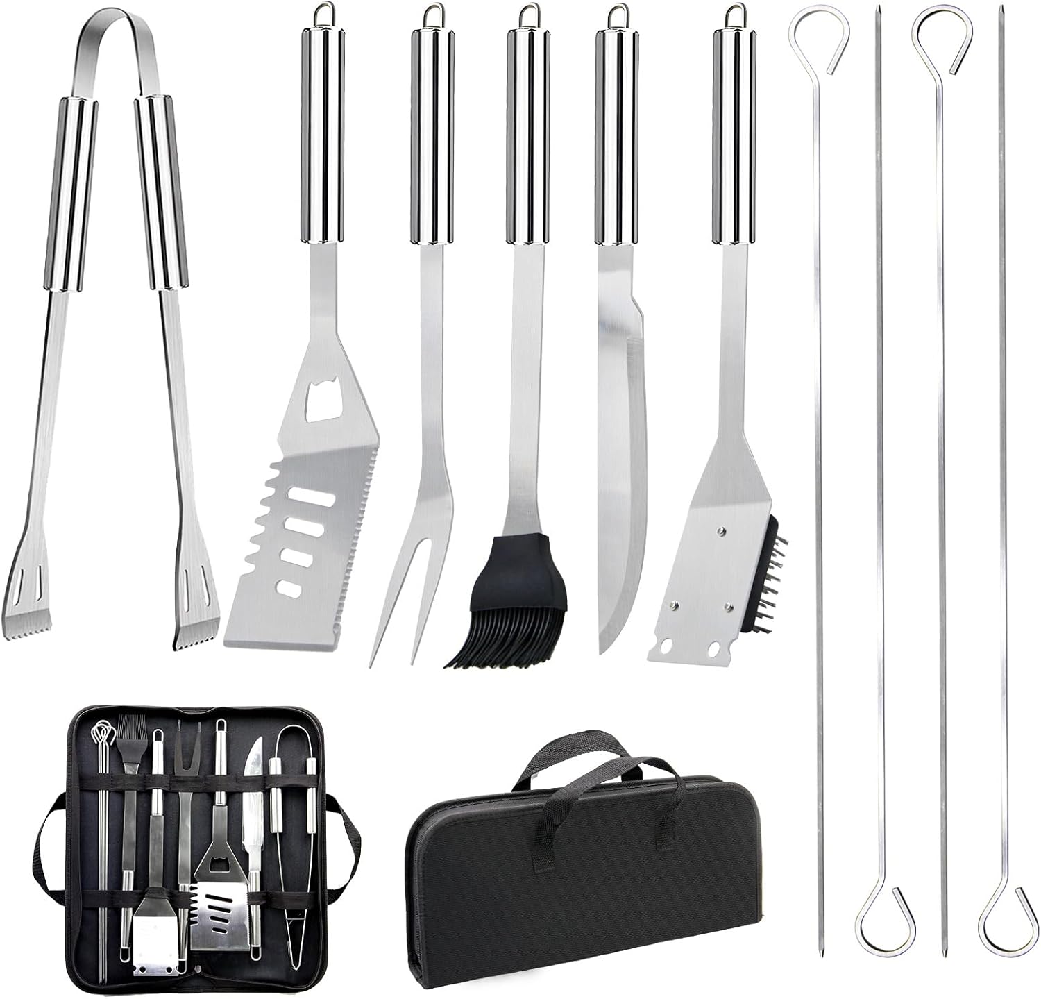 Camping Cooking Utensil Bag - ชุดอุปกรณ์ปิ้งย่างสแตนเลส ชุดอุปกรณ์บาร์บีคิวแบบพกพา พร้อมกระเป๋าเก็บสำหรับปิ้งย่างกลางแจ้งและตั้งแคมป์