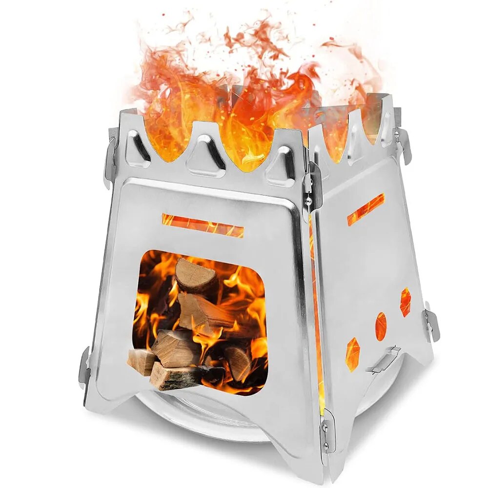 Camping Cooking System - เตาไม้ตั้งแคมป์แบบพกพาเตาฟืนสแตนเลสพับได้น้ำหนักเบาสำหรับการเดินป่ากลางแจ้งการปิกนิกบาร์บีคิว