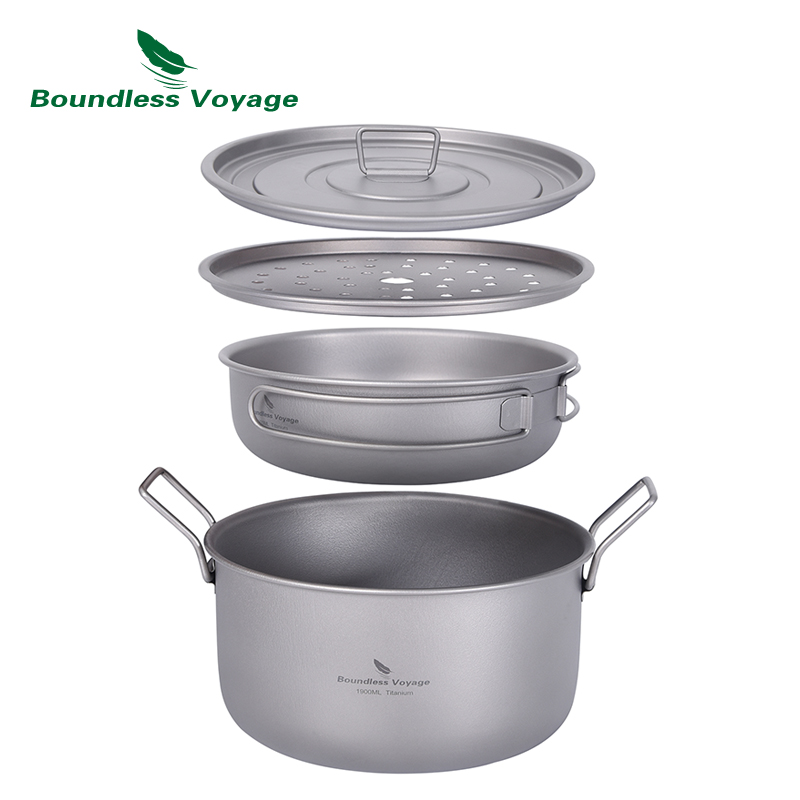 Camping Cooking Pots And Pans Set - อย่างไร้ขอบเขตการเดินทางหม้ออาหารแคมป์ปิ้งหม้อไอน้ำไทเทเนียมอเนกประสงค์พร้อมฝาปิดชุดรับประทานกลางแจ้ง Ti2057C