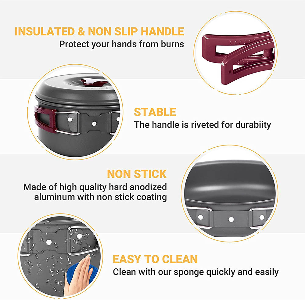 ชุดหม้อปิกนิกสำหรับทำอาหารกลาง - Camping Cooking Pots And Pans Set บทวิจารณ์และราคา